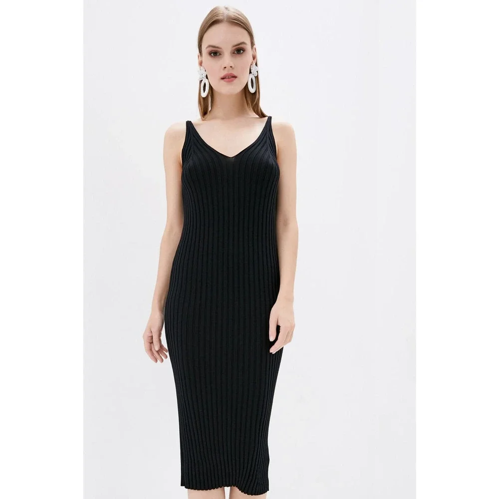 DASTI Knit Black Dress Ribbed Bodycon Midi Sweater Sleeveless V-Neck Knitted - Picture 4 of 6